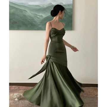 Sheath Spaghetti Straps Floor Length Olive Green Long Party Dresses Birthday Outfits SD433